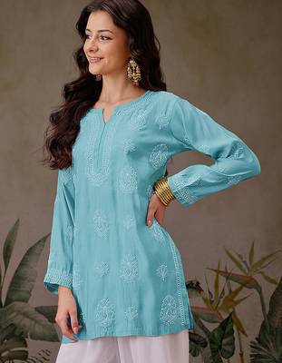Hand embroidered turquoise blue chanderi silk lucknowi chikankari short kurti 3