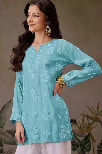 Hand embroidered turquoise blue chanderi silk lucknowi chikankari short kurti
