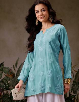 Hand embroidered turquoise blue chanderi silk lucknowi chikankari short kurti 4