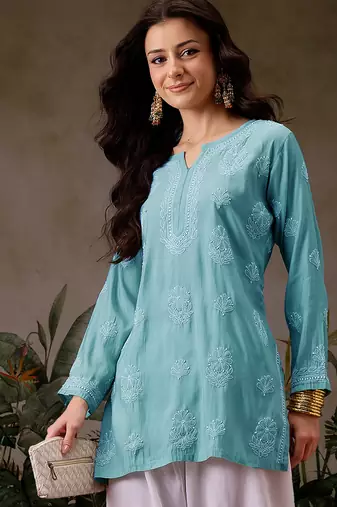 Hand embroidered turquoise blue chanderi silk lucknowi chikankari short kurti