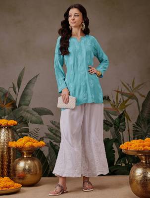 Hand embroidered turquoise blue chanderi silk lucknowi chikankari short kurti 5