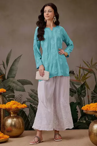 Hand embroidered turquoise blue chanderi silk lucknowi chikankari short kurti
