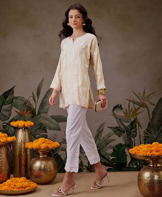 Hand embroidered light fawn chanderi silk lucknowi chikankari short kurti 6