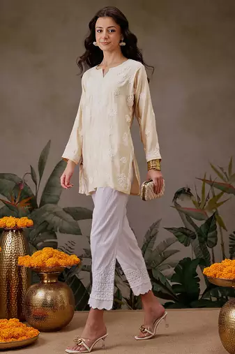 Hand embroidered light fawn chanderi silk lucknowi chikankari short kurti