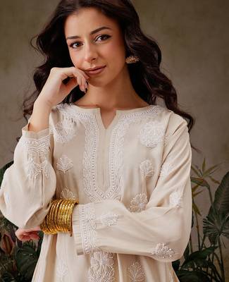 Hand embroidered light fawn chanderi silk lucknowi chikankari short kurti 7