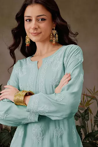 Hand embroidered light sea green chanderi silk lucknowi chikankari short kurti