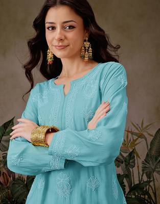 Hand embroidered turquoise blue chanderi silk lucknowi chikankari short kurti 6