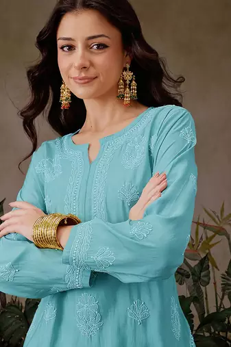 Hand embroidered turquoise blue chanderi silk lucknowi chikankari short kurti