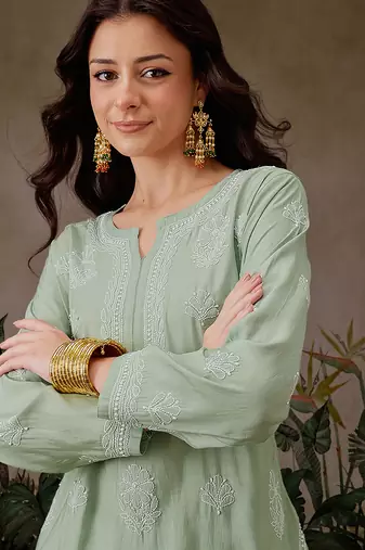 Hand embroidered pista green chanderi silk lucknowi chikankari short kurti