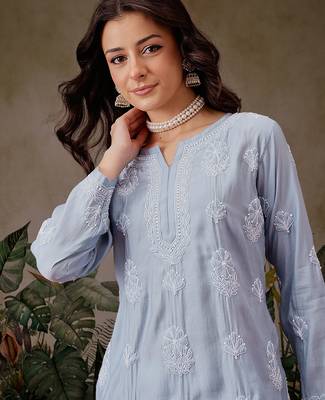 Hand embroidered ink blue chanderi silk lucknowi chikankari short kurti 6