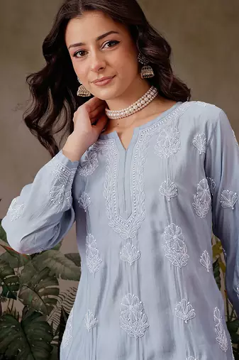 Hand embroidered ink blue chanderi silk lucknowi chikankari short kurti