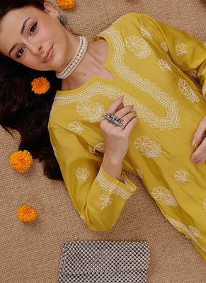 Hand embroidered mustard chanderi silk lucknowi chikankari short kurti 6