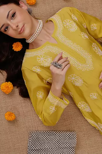 Hand embroidered mustard chanderi silk lucknowi chikankari short kurti