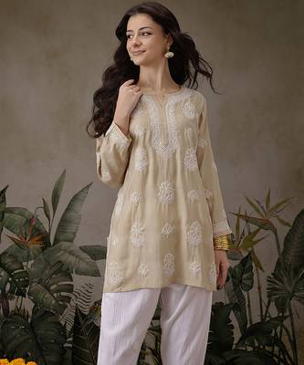 Hand embroidered fawn chanderi silk lucknowi chikankari short kurti 6