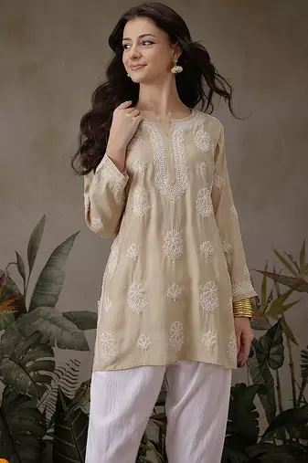 Hand embroidered fawn chanderi silk lucknowi chikankari short kurti