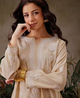 Hand embroidered fawn chanderi silk lucknowi chikankari short kurti 7