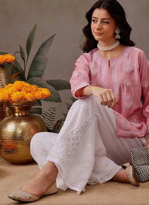 Hand embroidered dusty peach chanderi silk lucknowi chikankari short kurti 6