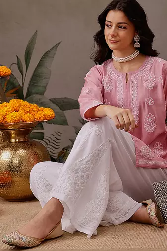 Hand embroidered dusty peach chanderi silk lucknowi chikankari short kurti
