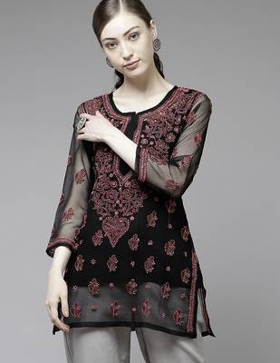 Hand embroidered black georgette lucknow chikan kurti with slip 1