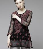 Hand embroidered black georgette lucknow chikan kurti with slip