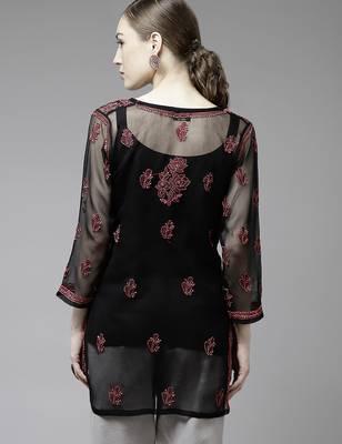 Hand embroidered black georgette lucknow chikan kurti with slip 2