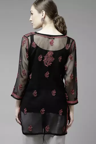 Hand embroidered black georgette lucknow chikan kurti with slip