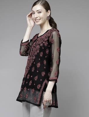 Hand embroidered black georgette lucknow chikan kurti with slip 3