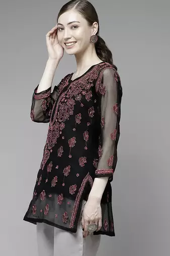 Hand embroidered black georgette lucknow chikan kurti with slip