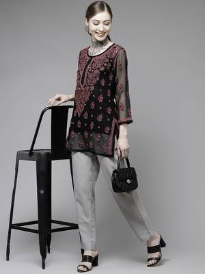 Hand embroidered black georgette lucknow chikan kurti with slip 4