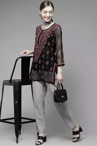 Hand embroidered black georgette lucknow chikan kurti with slip