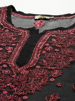 Hand embroidered black georgette lucknow chikan kurti with slip 5