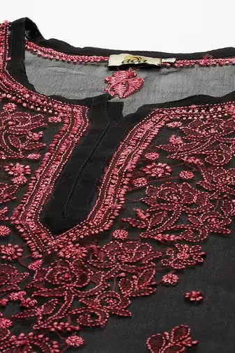 Hand embroidered black georgette lucknow chikan kurti with slip