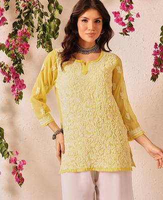 Hand embroidered yellow georgette lucknowi chikankari short kurti 1
