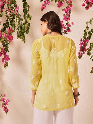 Hand embroidered yellow georgette lucknowi chikankari short kurti 2