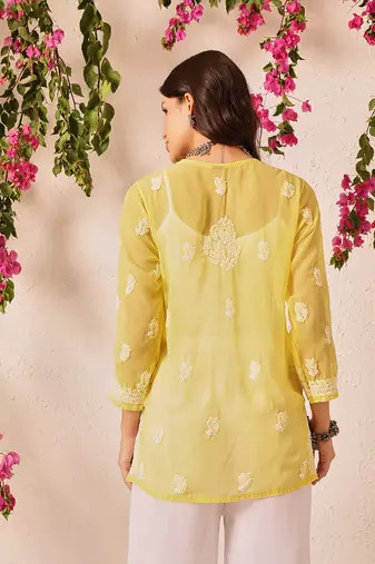 Hand embroidered yellow georgette lucknowi chikankari short kurti
