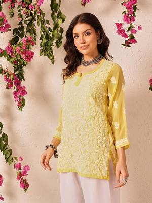 Hand embroidered yellow georgette lucknowi chikankari short kurti 3