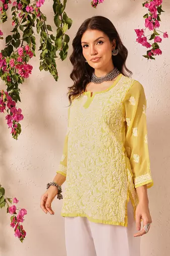Hand embroidered yellow georgette lucknowi chikankari short kurti