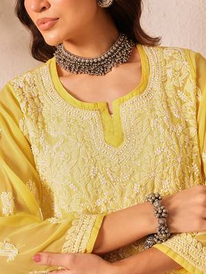 Hand embroidered yellow georgette lucknowi chikankari short kurti 4