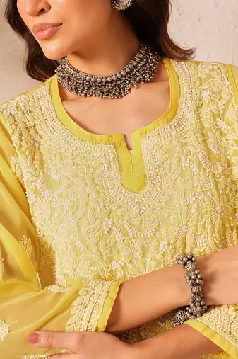 Hand embroidered yellow georgette lucknowi chikankari short kurti