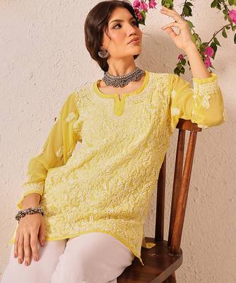 Hand embroidered yellow georgette lucknowi chikankari short kurti 5