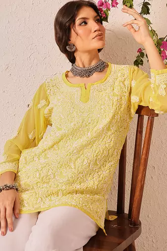 Hand embroidered yellow georgette lucknowi chikankari short kurti
