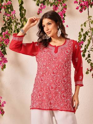 Hand embroidered red georgette lucknowi chikankari short kurti 1