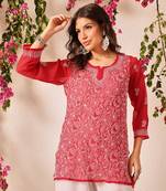 Hand embroidered red georgette lucknowi chikankari short kurti