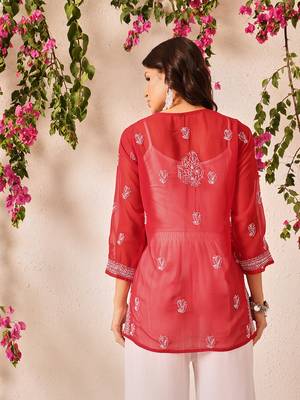 Hand embroidered red georgette lucknowi chikankari short kurti 2