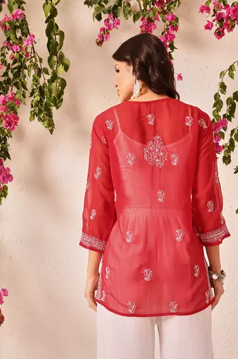 Hand embroidered red georgette lucknowi chikankari short kurti
