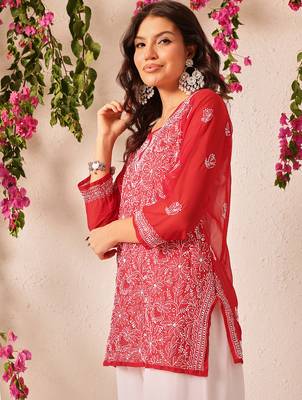 Hand embroidered red georgette lucknowi chikankari short kurti 3