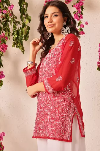 Hand embroidered red georgette lucknowi chikankari short kurti
