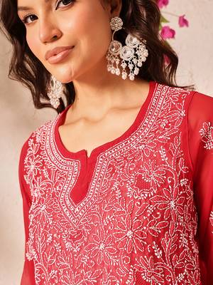 Hand embroidered red georgette lucknowi chikankari short kurti 4