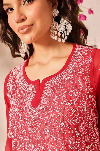 Hand embroidered red georgette lucknowi chikankari short kurti