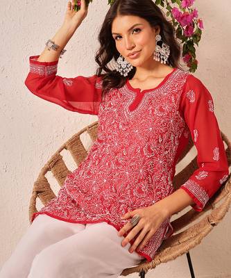 Hand embroidered red georgette lucknowi chikankari short kurti 5